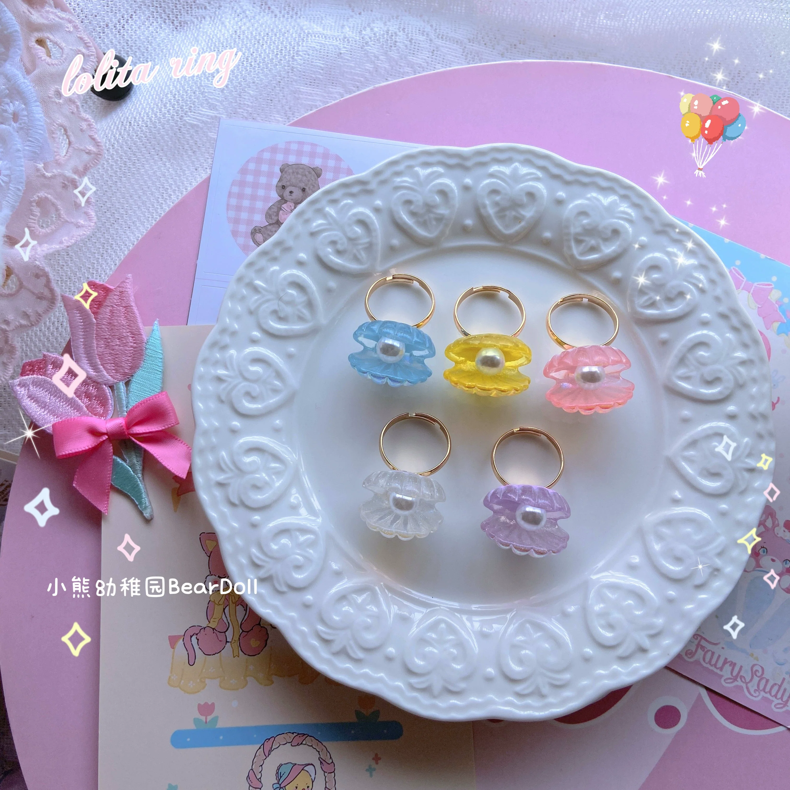Bear Doll - Kawaii Lolita Ring Adjustable Shell Heart Shape Accessories - Image 18