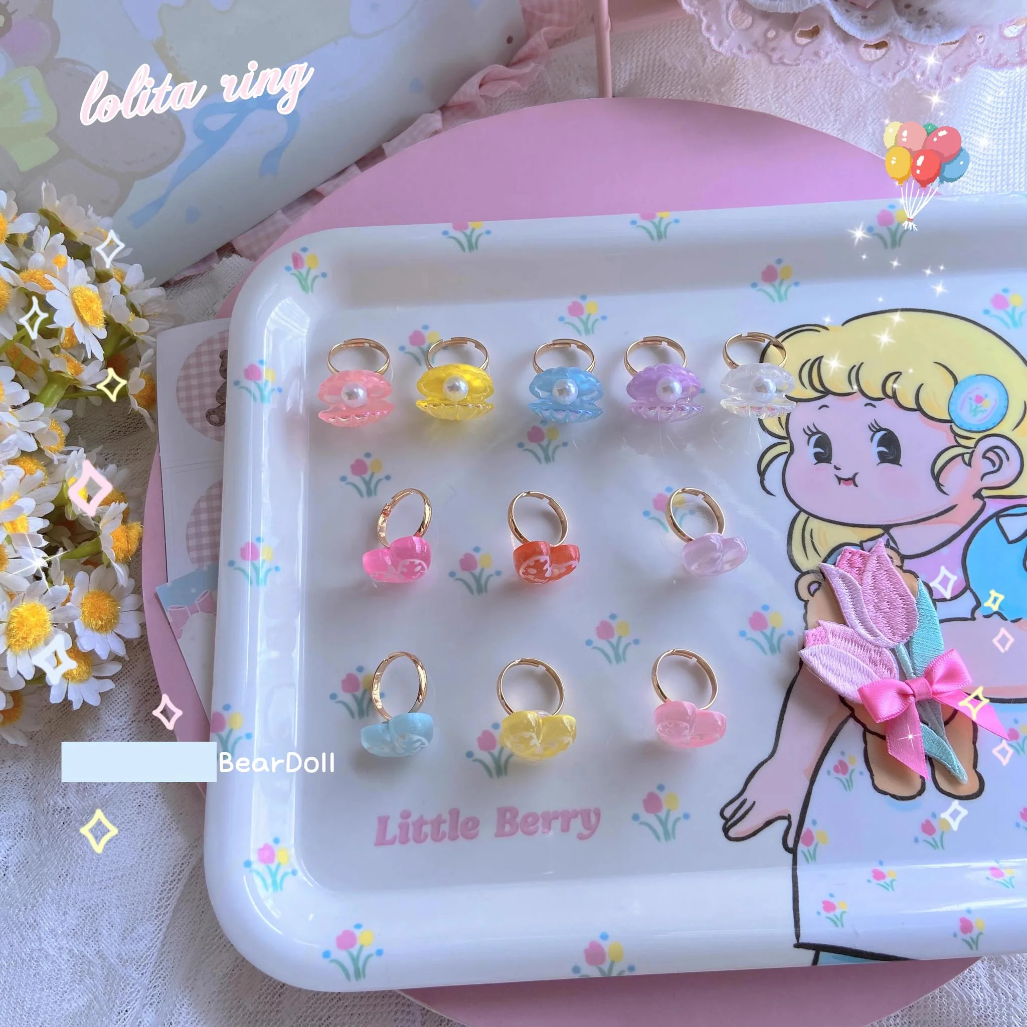 Bear Doll - Kawaii Lolita Ring Adjustable Shell Heart Shape Accessories - Image 2