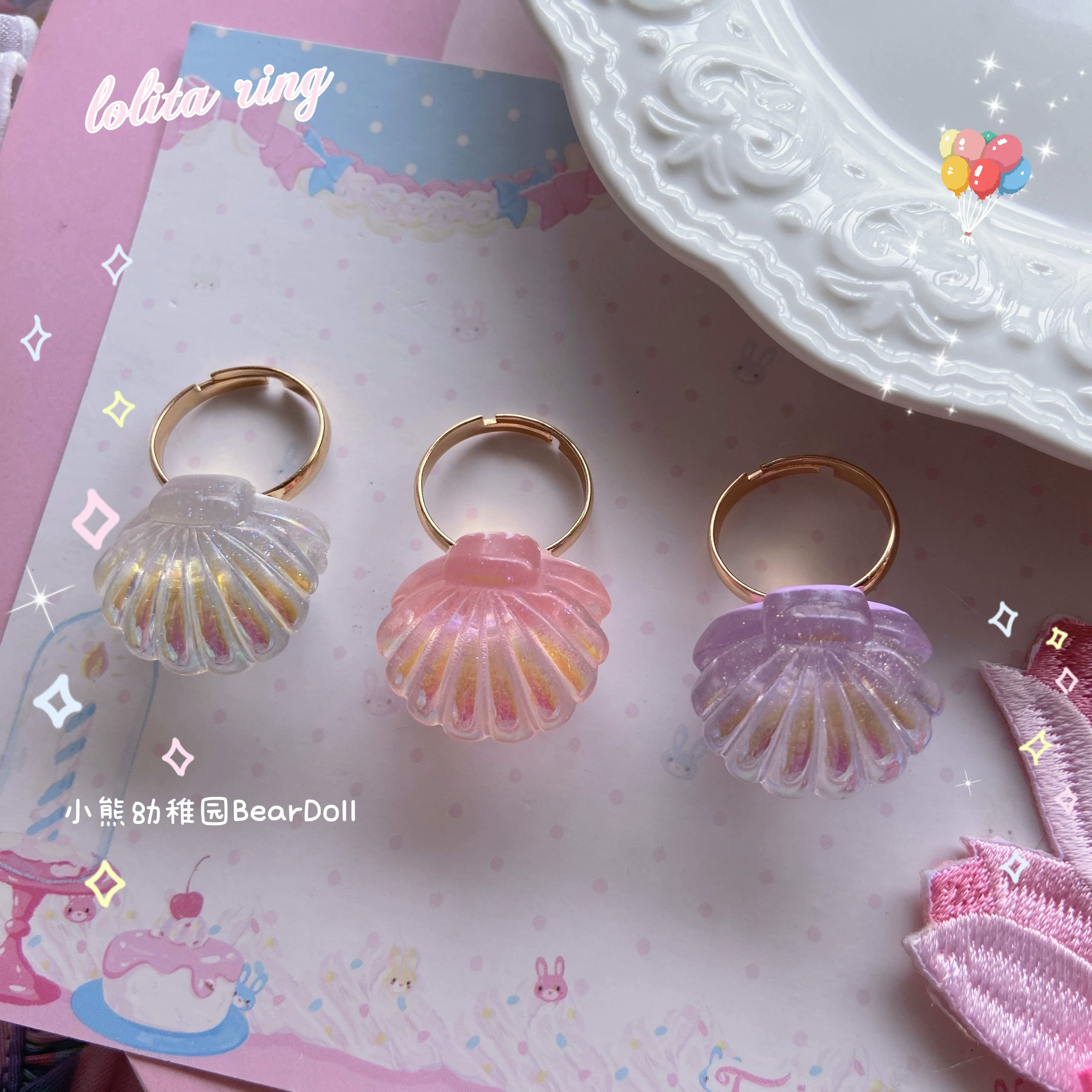 Bear Doll - Kawaii Lolita Ring Adjustable Shell Heart Shape Accessories - Image 20