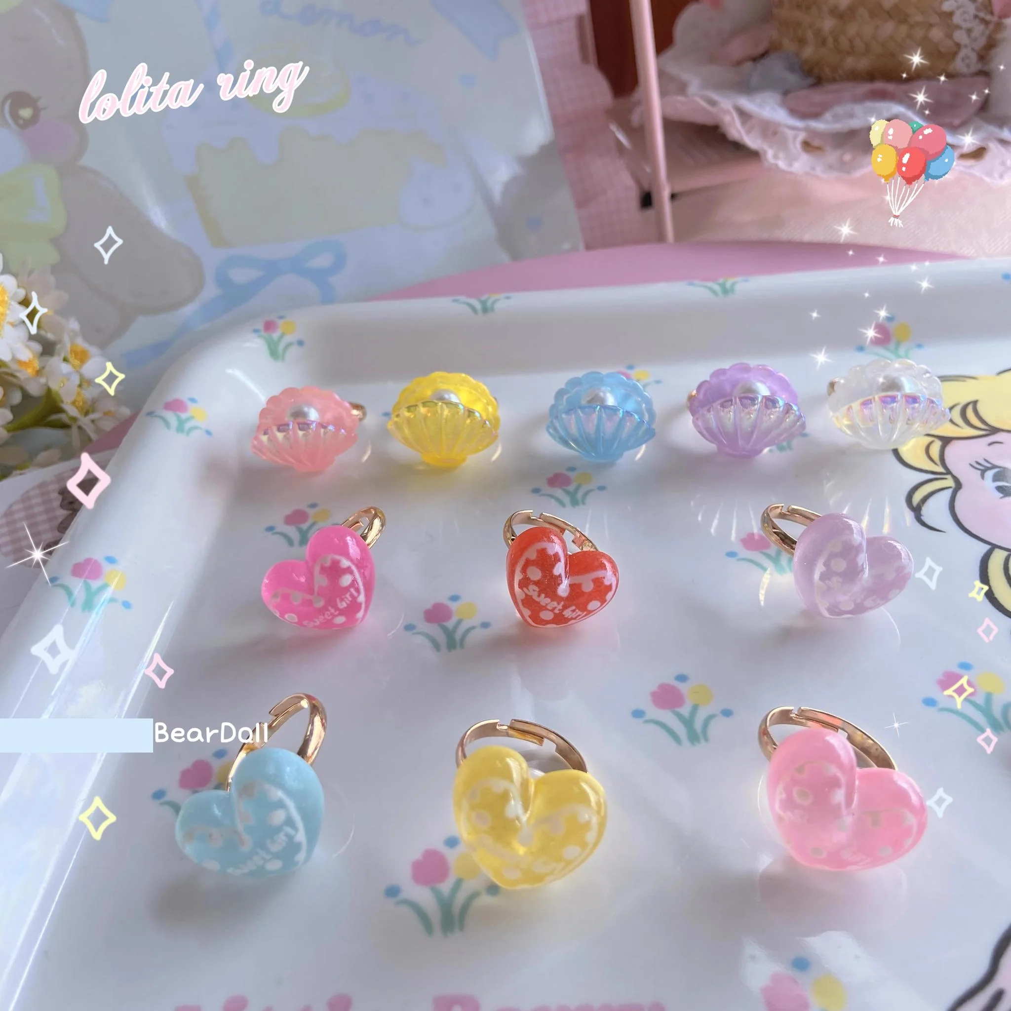 Bear Doll - Kawaii Lolita Ring Adjustable Shell Heart Shape Accessories - Image 4