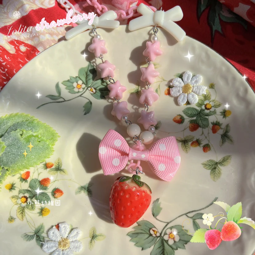 Bear Doll - Sweet Lolita Strawberry Necklace Red Polka Dot Bow - Image 3