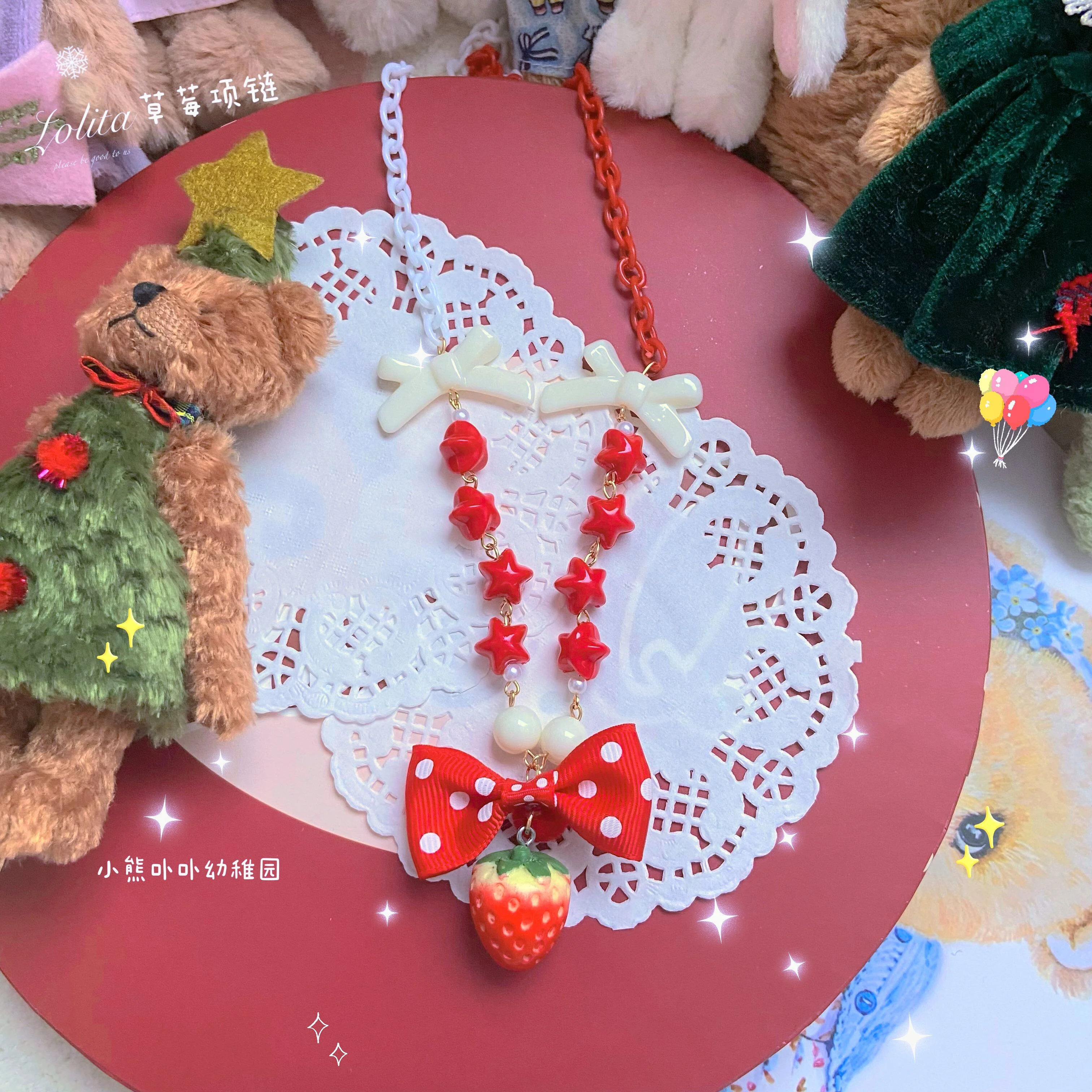 Bear Doll - Sweet Lolita Strawberry Necklace Red Polka Dot Bow - Image 5