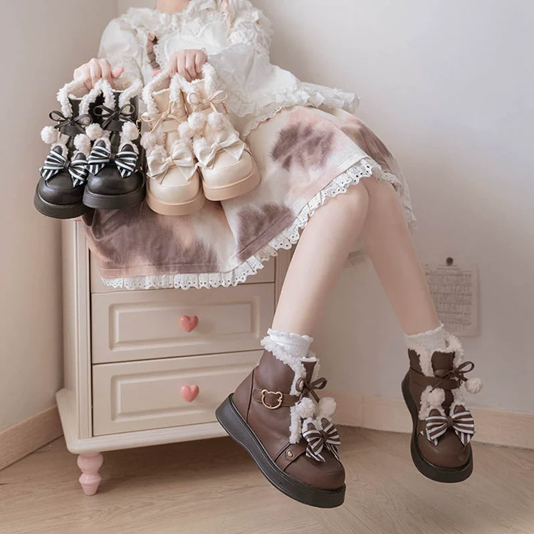 Beauty Bunny - Milk Bear - Winter Lolita Shoes Thick Sole Fleece Snow Boots - Image 2