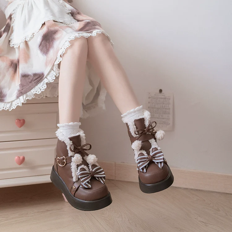 Beauty Bunny - Milk Bear - Winter Lolita Shoes Thick Sole Fleece Snow Boots - Image 5