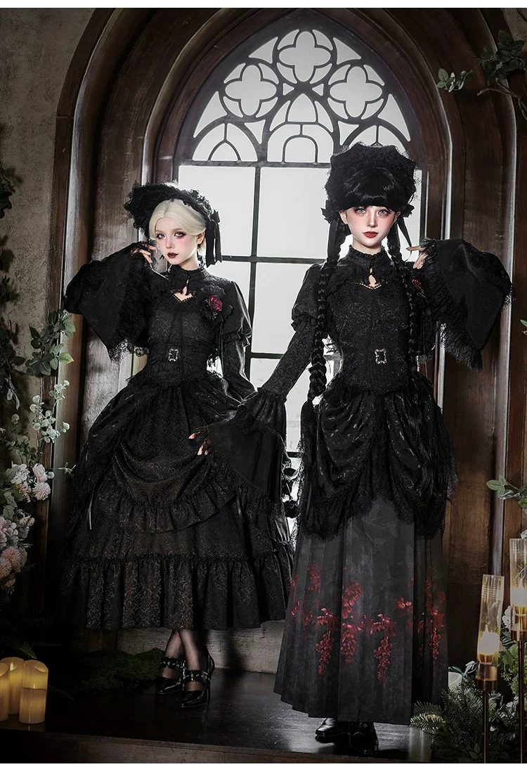 Under the Hanging Moon - Black Gothic Lolita SK Set, Modified Mamian Skirt - Image 10