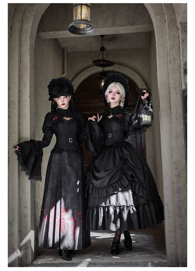 Under the Hanging Moon - Black Gothic Lolita SK Set, Modified Mamian Skirt - Image 11