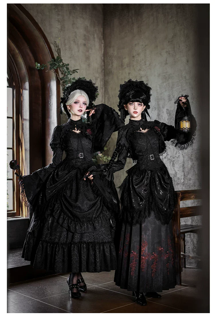 Under the Hanging Moon - Black Gothic Lolita SK Set, Modified Mamian Skirt - Image 12