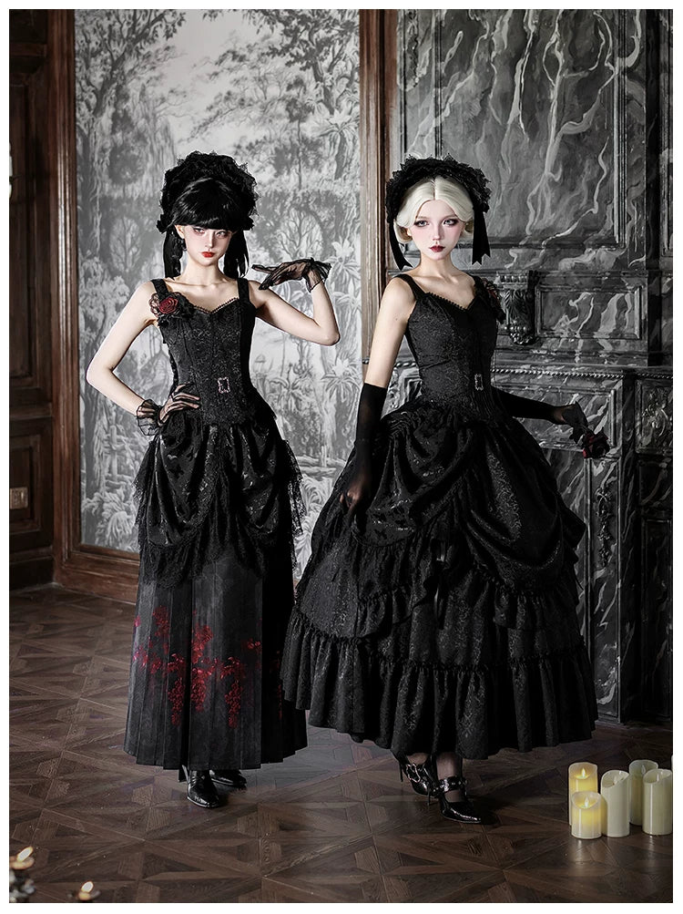 Under the Hanging Moon - Black Gothic Lolita SK Set, Modified Mamian Skirt - Image 13