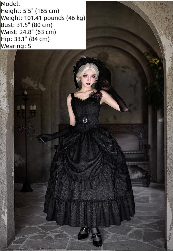 Under the Hanging Moon - Black Gothic Lolita SK Set, Modified Mamian Skirt - Image 14