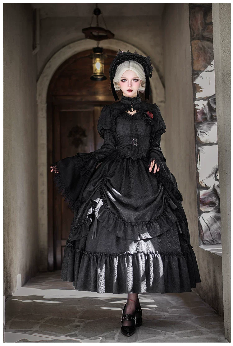 Under the Hanging Moon - Black Gothic Lolita SK Set, Modified Mamian Skirt - Image 15