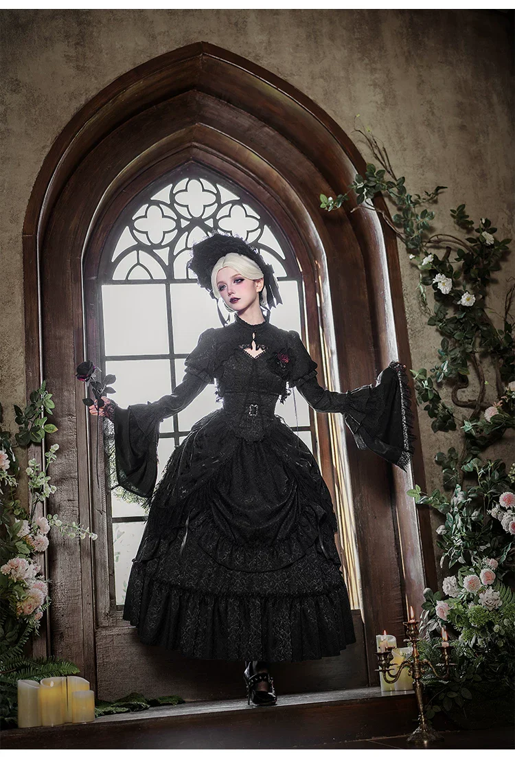 Under the Hanging Moon - Black Gothic Lolita SK Set, Modified Mamian Skirt - Image 17