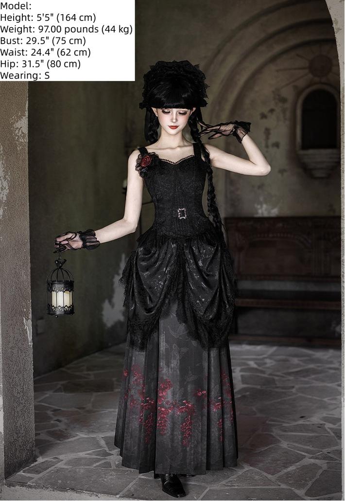 Under the Hanging Moon - Black Gothic Lolita SK Set, Modified Mamian Skirt - Image 18