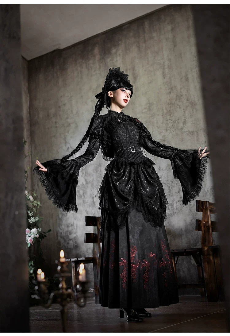 Under the Hanging Moon - Black Gothic Lolita SK Set, Modified Mamian Skirt - Image 20