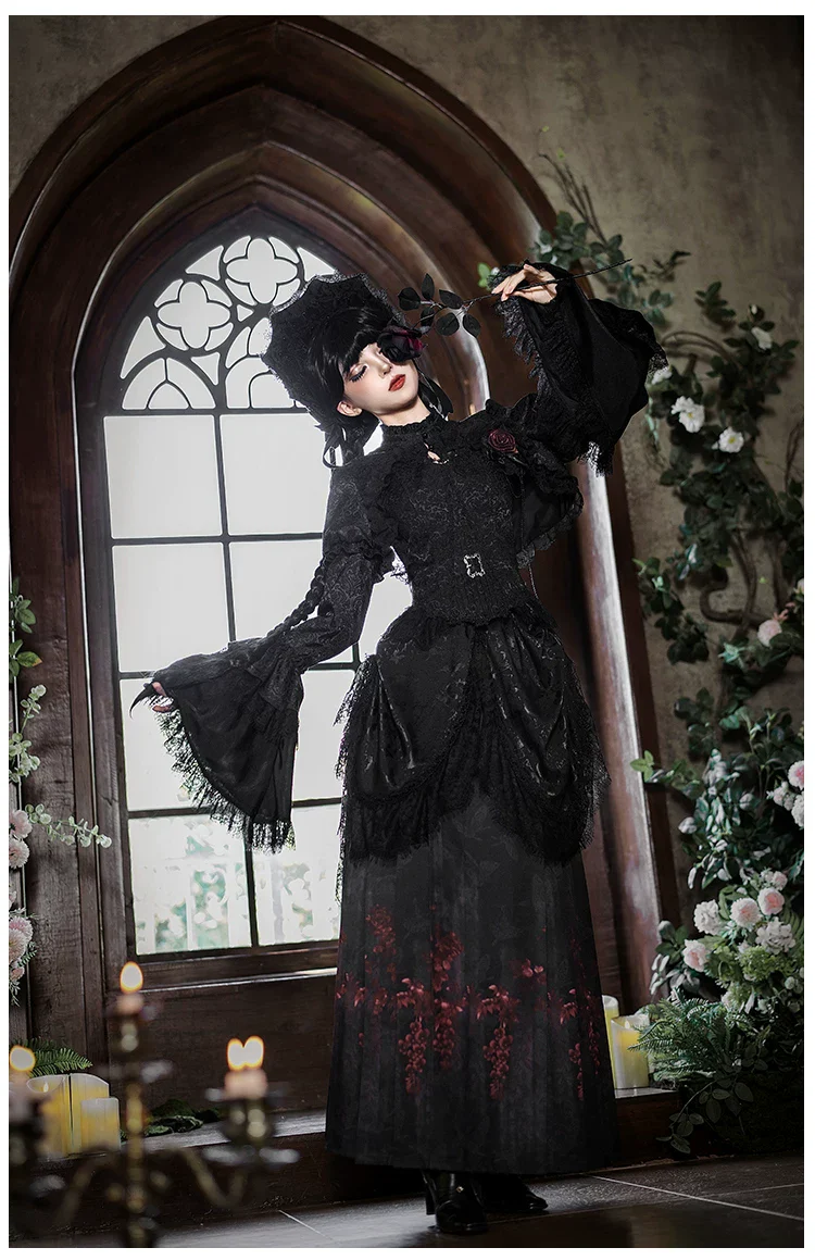 Under the Hanging Moon - Black Gothic Lolita SK Set, Modified Mamian Skirt - Image 22