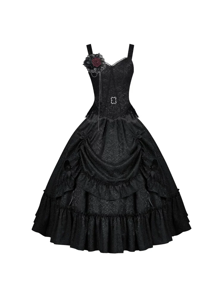 Under the Hanging Moon - Black Gothic Lolita SK Set, Modified Mamian Skirt - Image 26