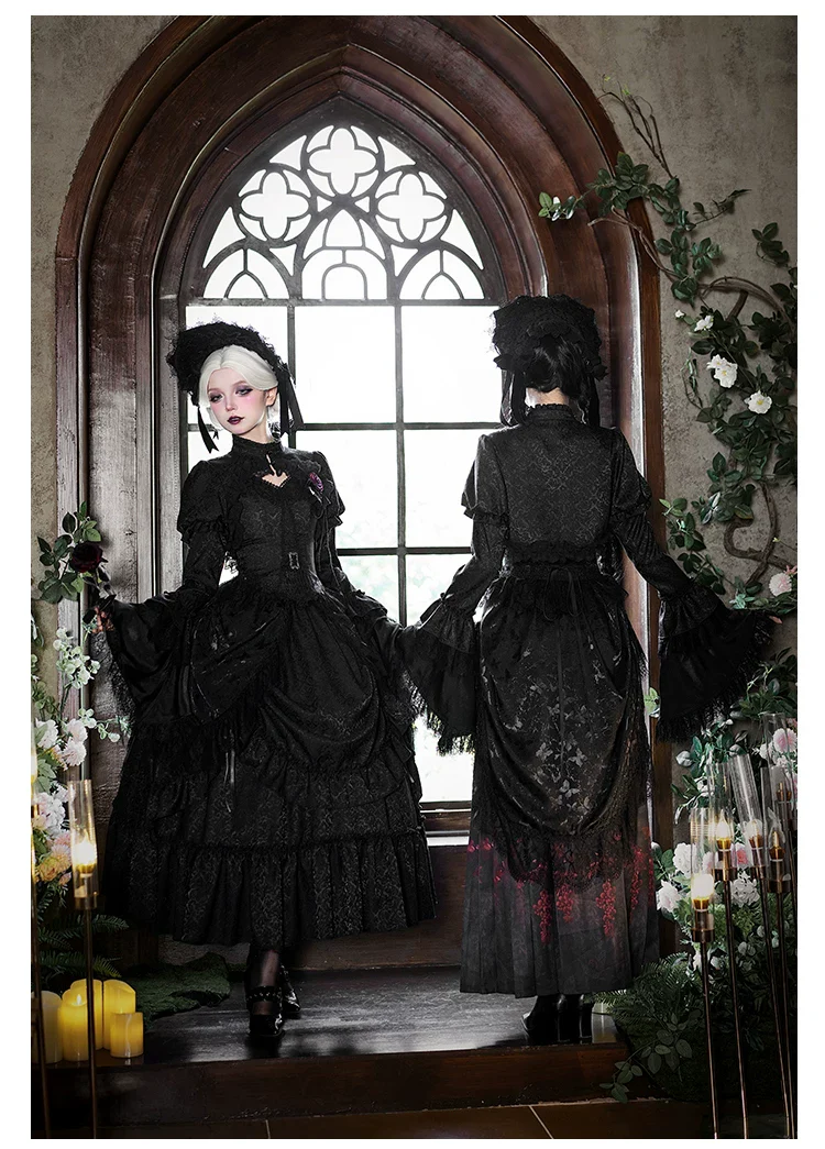 Under the Hanging Moon - Black Gothic Lolita SK Set, Modified Mamian Skirt - Image 3