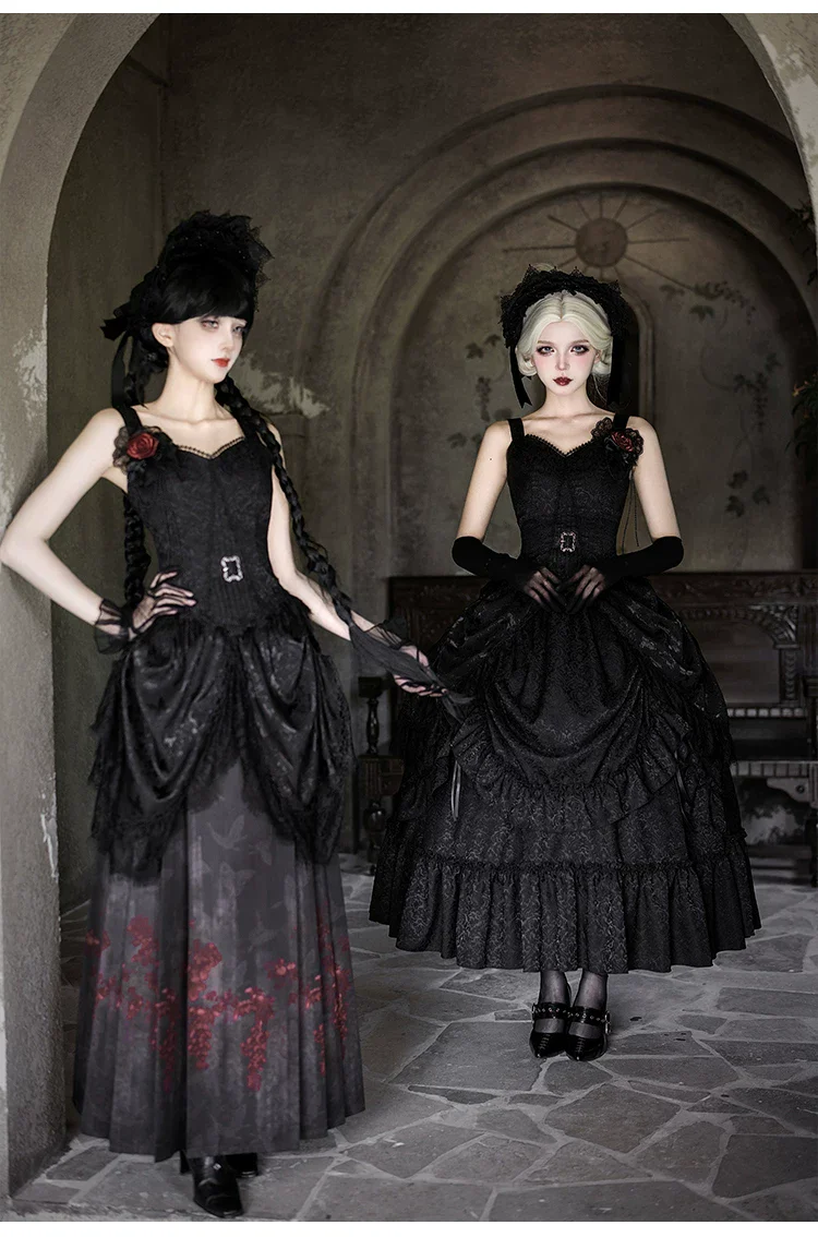 Under the Hanging Moon - Black Gothic Lolita SK Set, Modified Mamian Skirt - Image 4