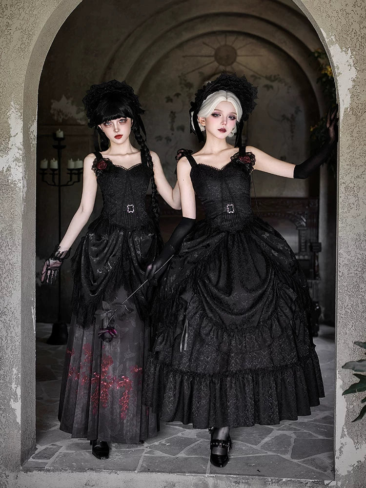 Under the Hanging Moon - Black Gothic Lolita SK Set, Modified Mamian Skirt - Image 5