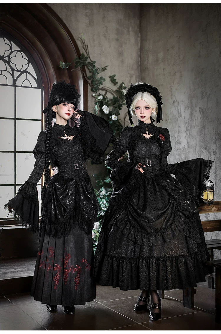 Under the Hanging Moon - Black Gothic Lolita SK Set, Modified Mamian Skirt - Image 8