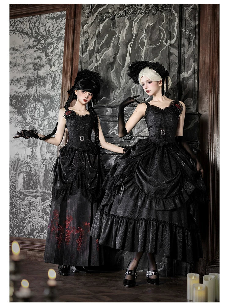 Under the Hanging Moon - Black Gothic Lolita SK Set, Modified Mamian Skirt - Image 9