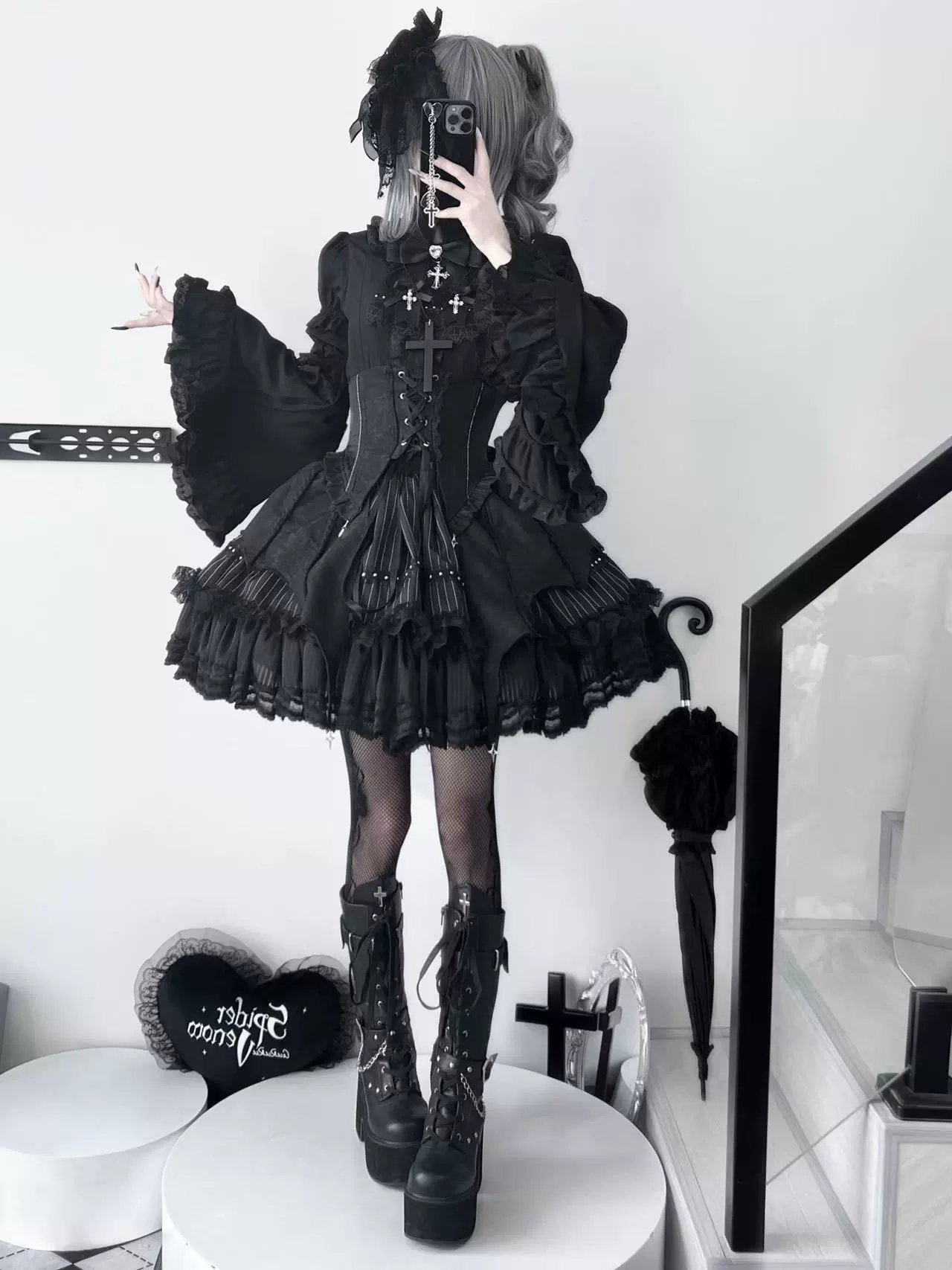 Twilight Song - Trace Bone - Black Gothic Lolita SK & Waist Cincher - Image 10