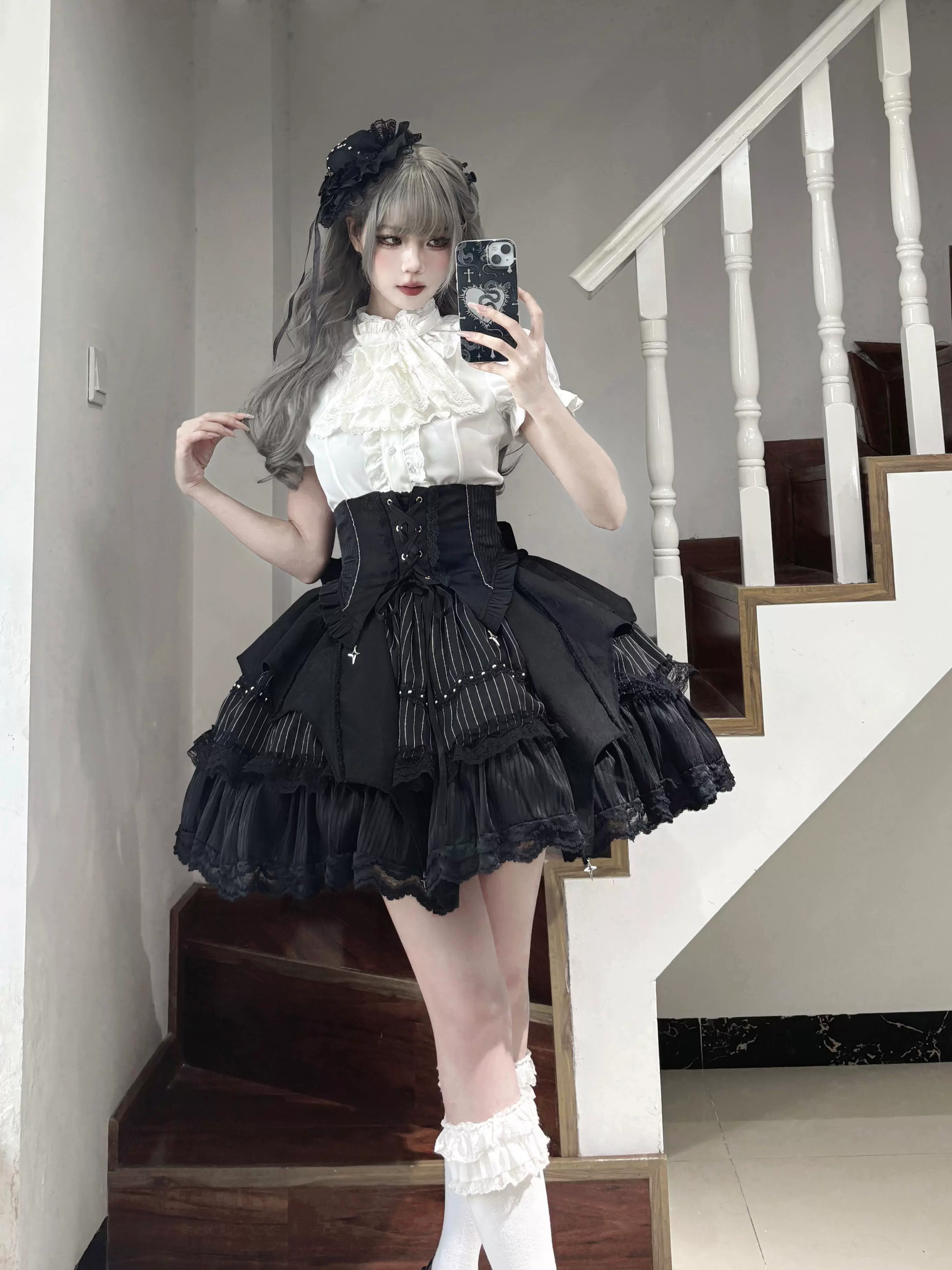 Twilight Song - Trace Bone - Black Gothic Lolita SK & Waist Cincher - Image 3