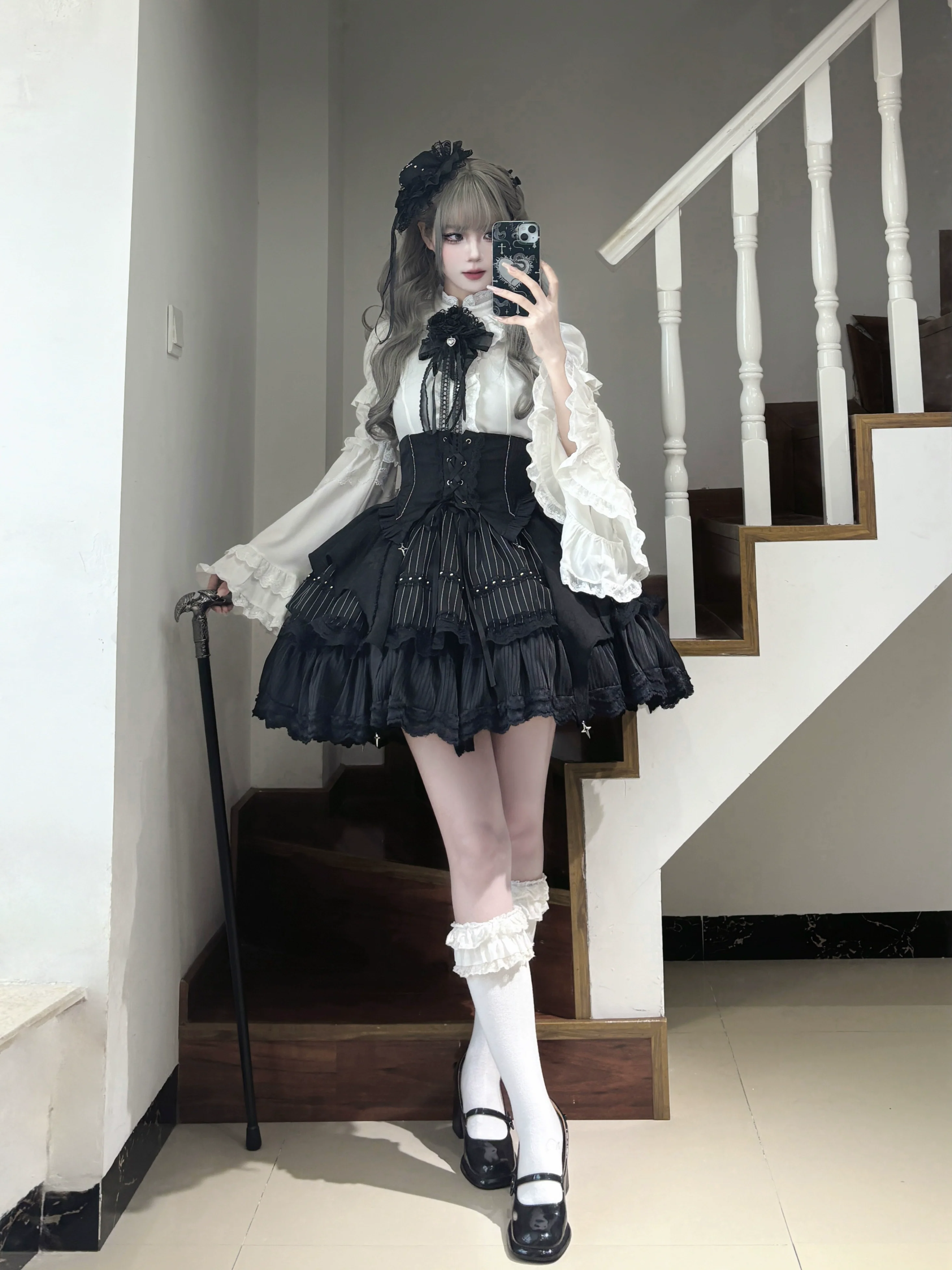 Twilight Song - Trace Bone - Black Gothic Lolita SK & Waist Cincher - Image 4
