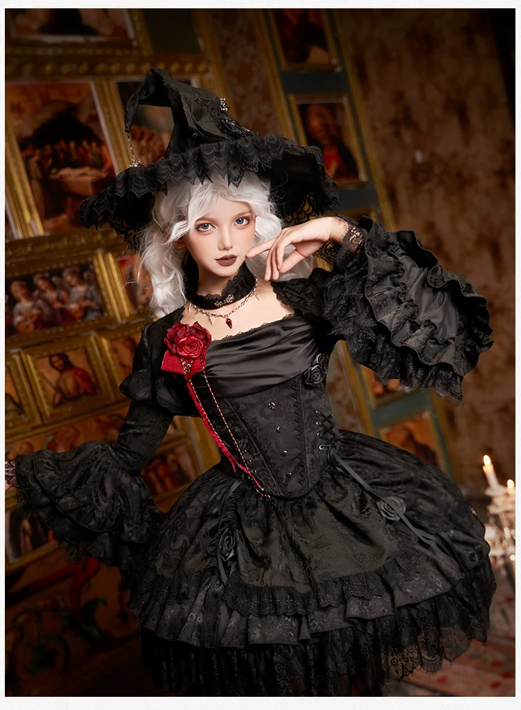 With PUJI - Letter and Poetry · Twilight - Black Gothic Lolita Skirt Set, Witch-Inspired - Image 16
