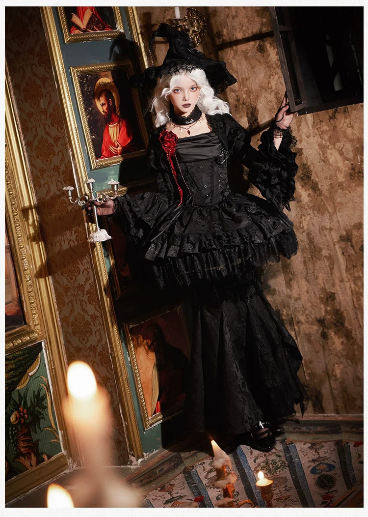 With PUJI - Letter and Poetry · Twilight - Black Gothic Lolita Skirt Set, Witch-Inspired - Image 17