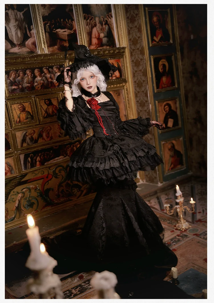 With PUJI - Letter and Poetry · Twilight - Black Gothic Lolita Skirt Set, Witch-Inspired - Image 19