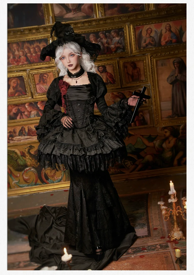 With PUJI - Letter and Poetry · Twilight - Black Gothic Lolita Skirt Set, Witch-Inspired - Image 60