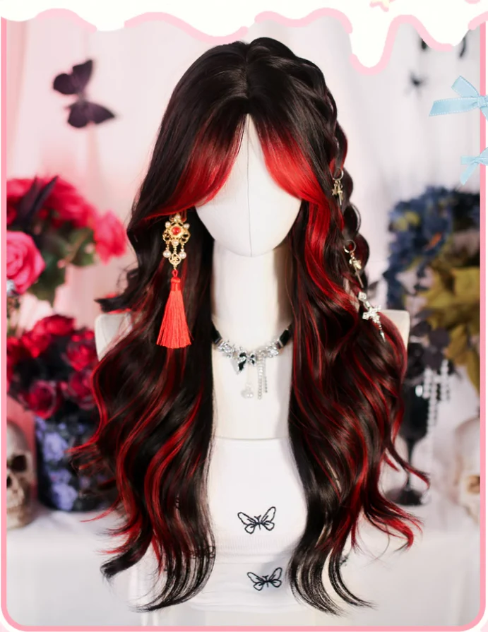 Dalao Home - Bathing Flames - Black Gothic Lolita Wig Red-black Highlighted Long Hair