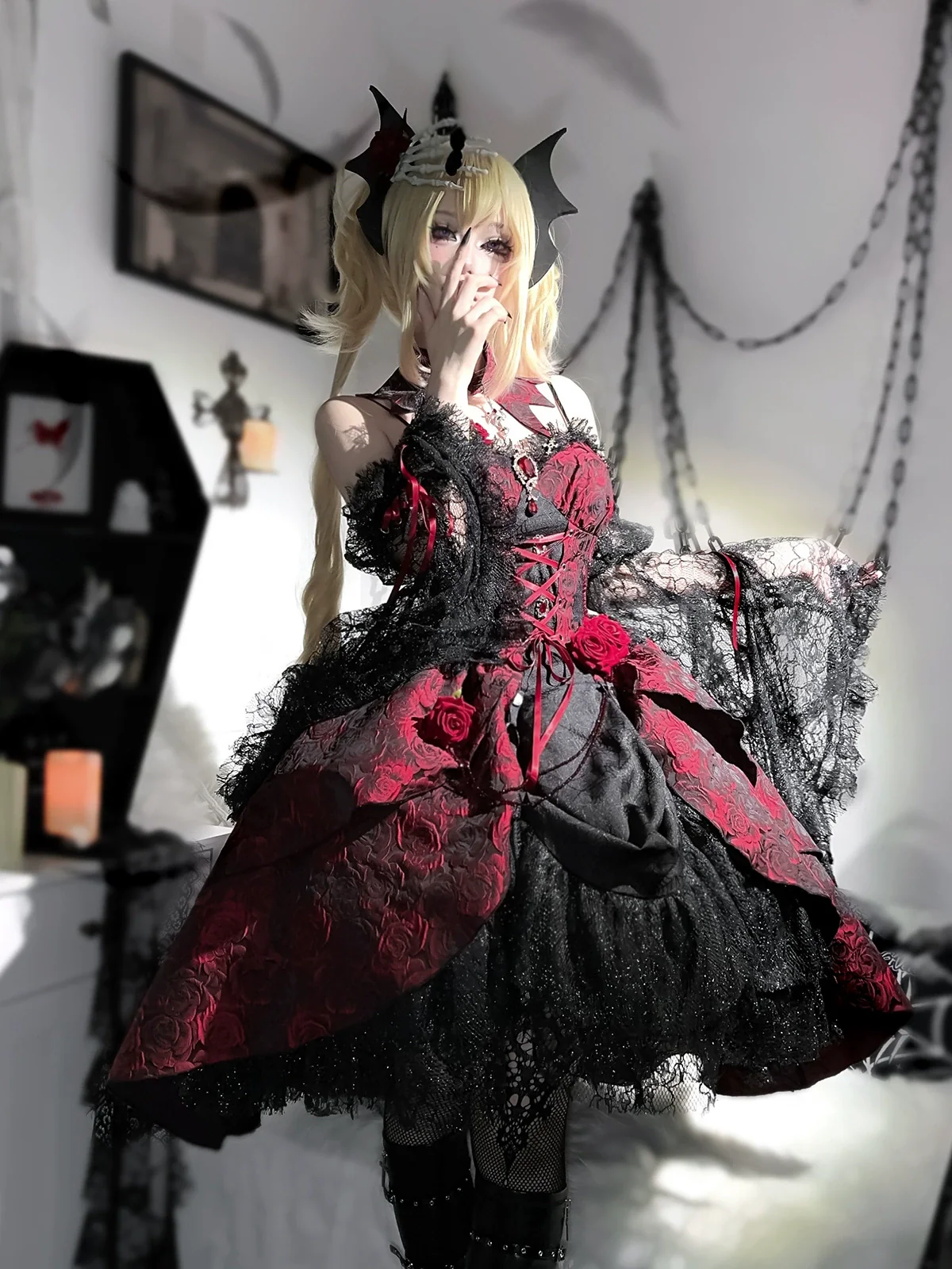 Rose Blood - Black Red Gothic Lolita JSK Jacquard Court Dress - Image 10