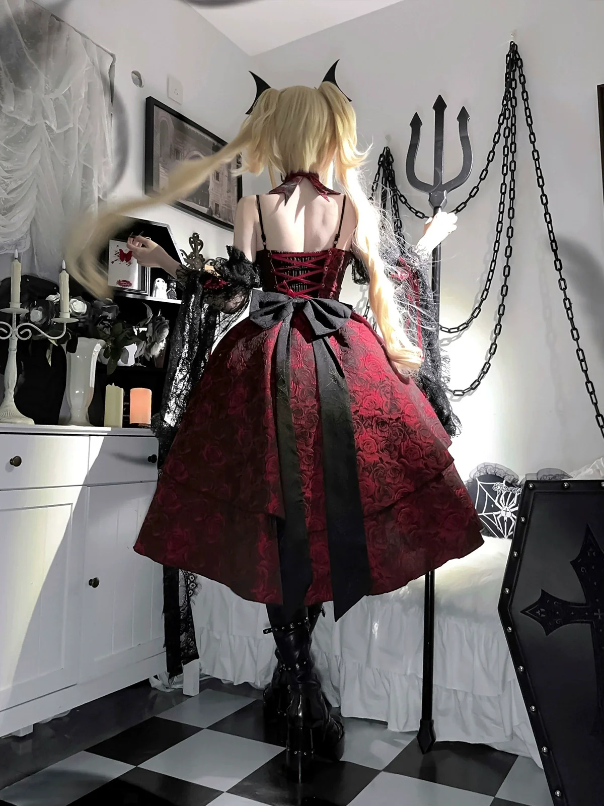 Rose Blood - Black Red Gothic Lolita JSK Jacquard Court Dress - Image 13