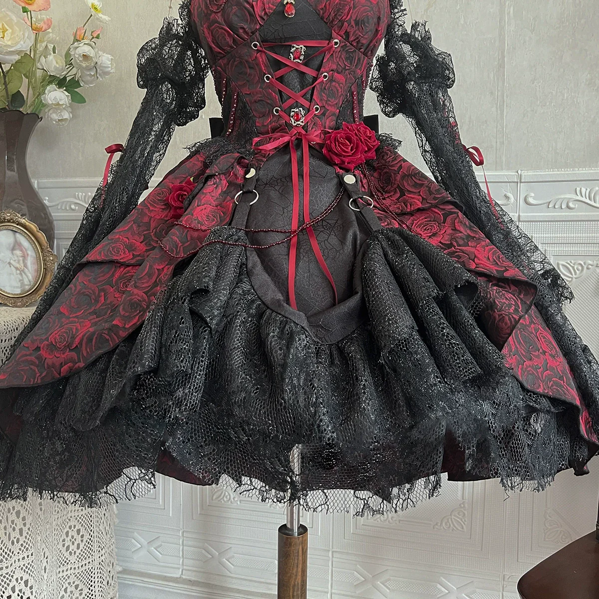 Rose Blood - Black Red Gothic Lolita JSK Jacquard Court Dress - Image 22