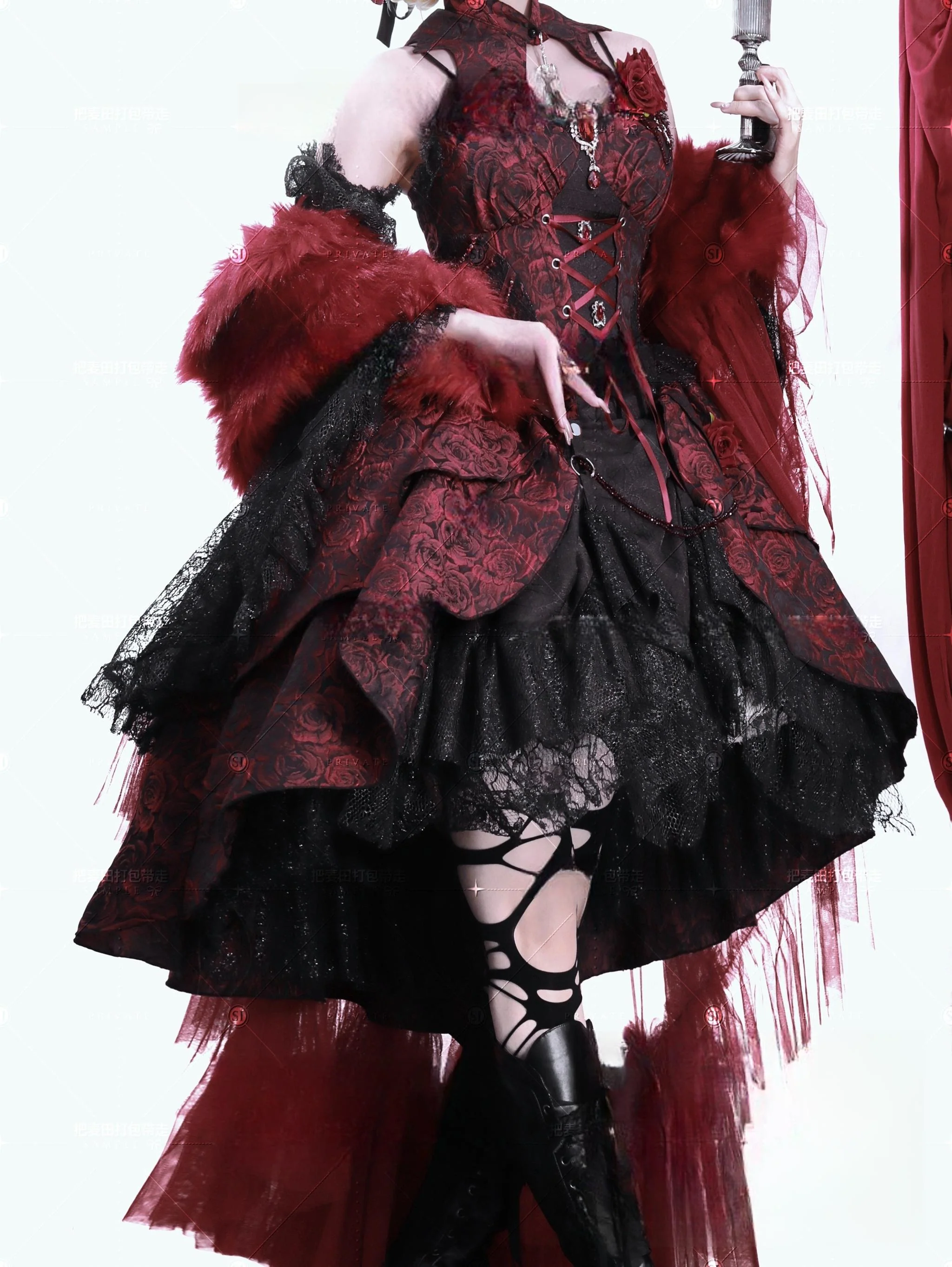 Rose Blood - Black Red Gothic Lolita JSK Jacquard Court Dress - Image 3