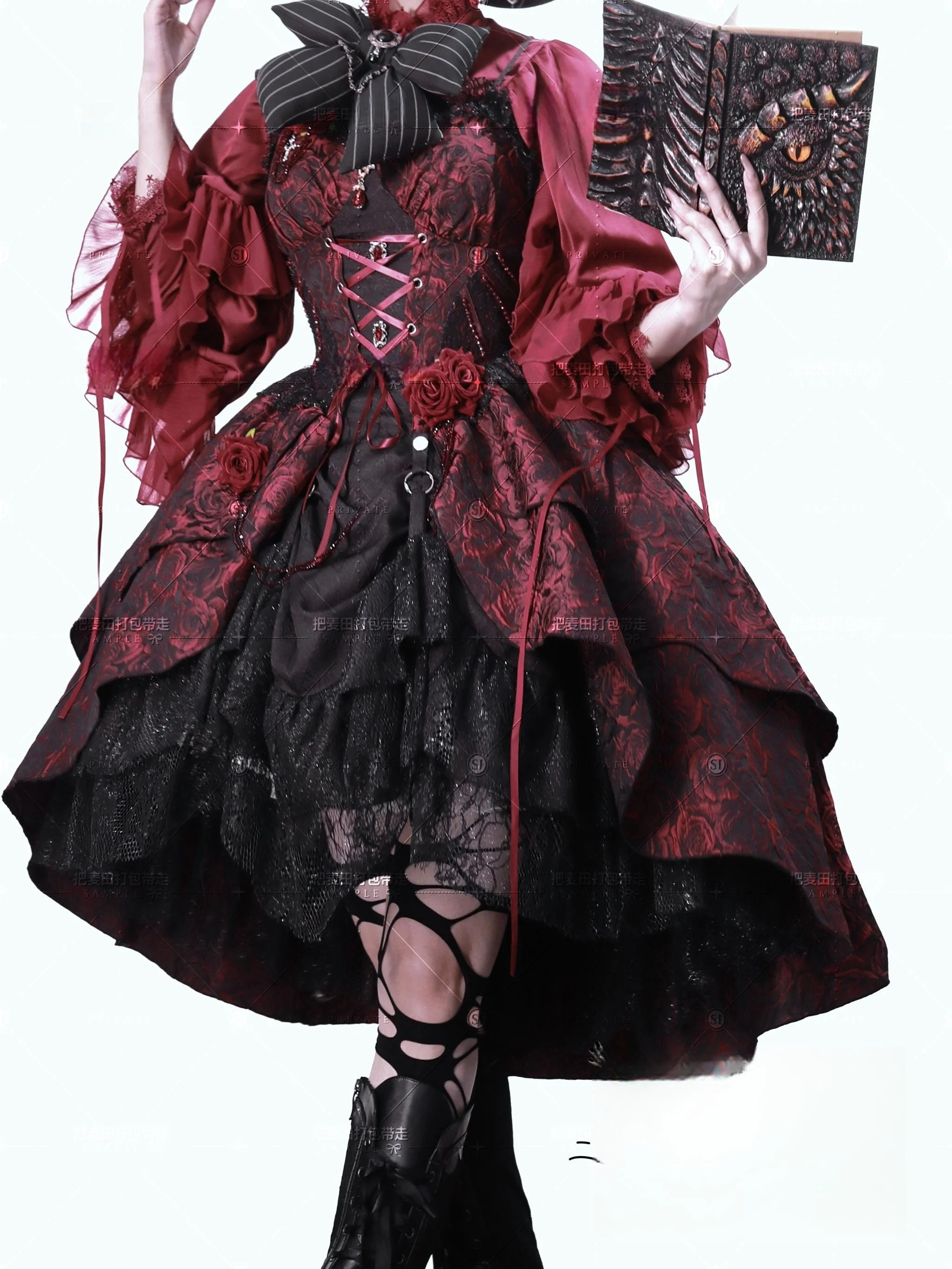 Rose Blood - Black Red Gothic Lolita JSK Jacquard Court Dress - Image 5