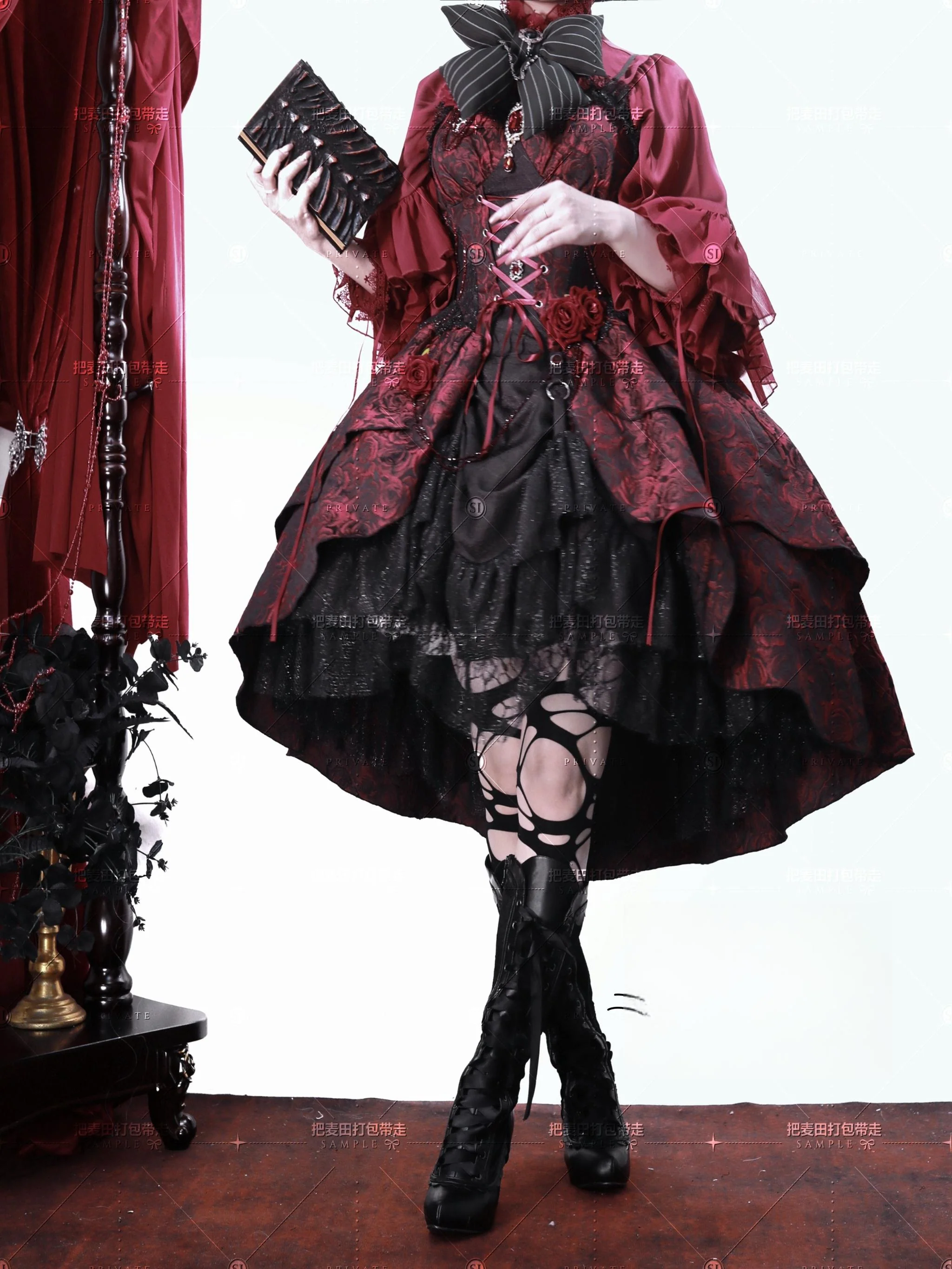 Rose Blood - Black Red Gothic Lolita JSK Jacquard Court Dress - Image 6