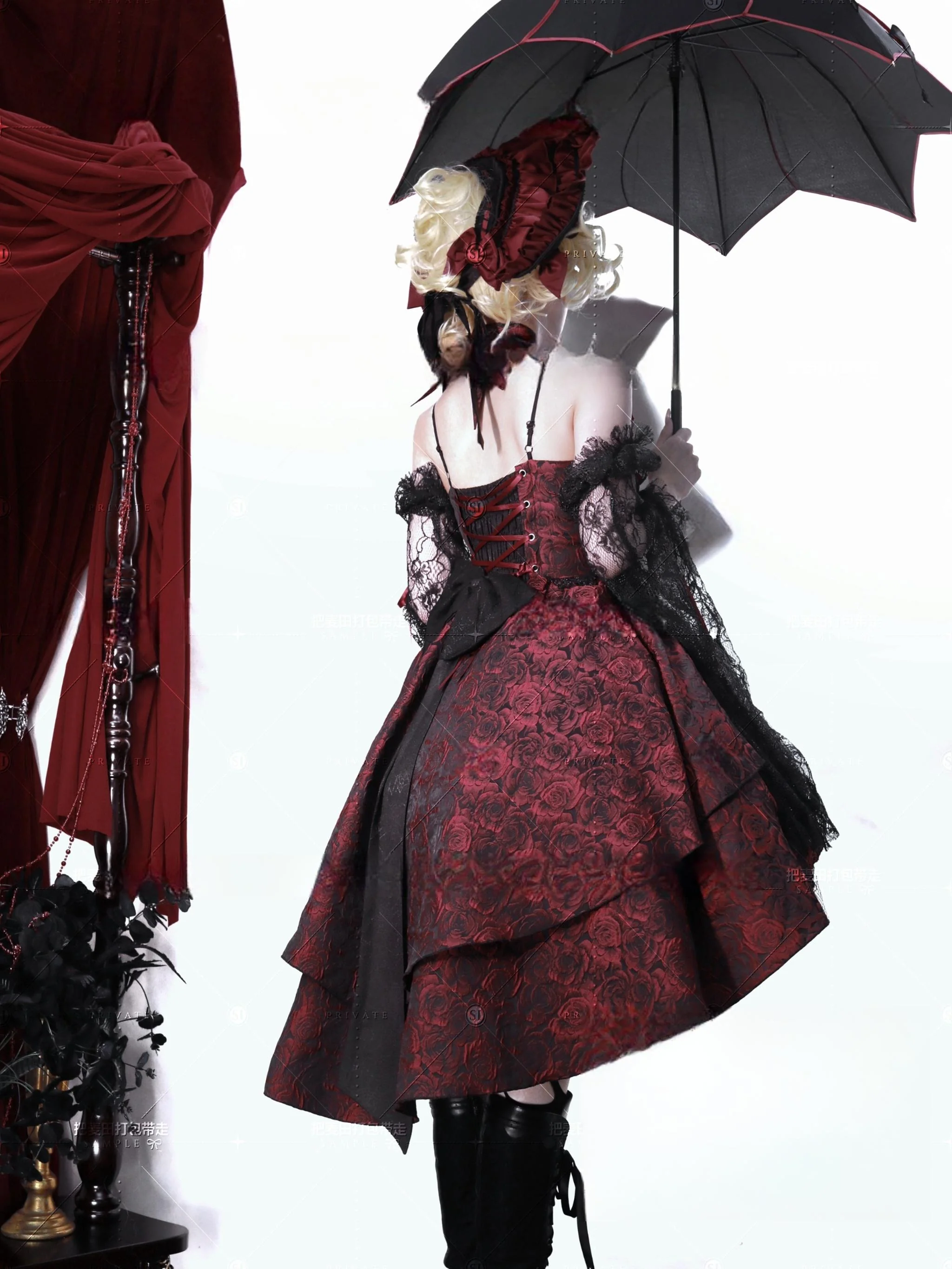 Rose Blood - Black Red Gothic Lolita JSK Jacquard Court Dress - Image 7
