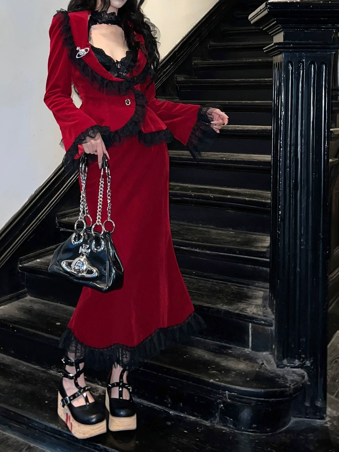 BLACKLIST - Poisonous Apple - Christmas Lolita Dress Bungundy Fishtail Skirt Set - Image 11