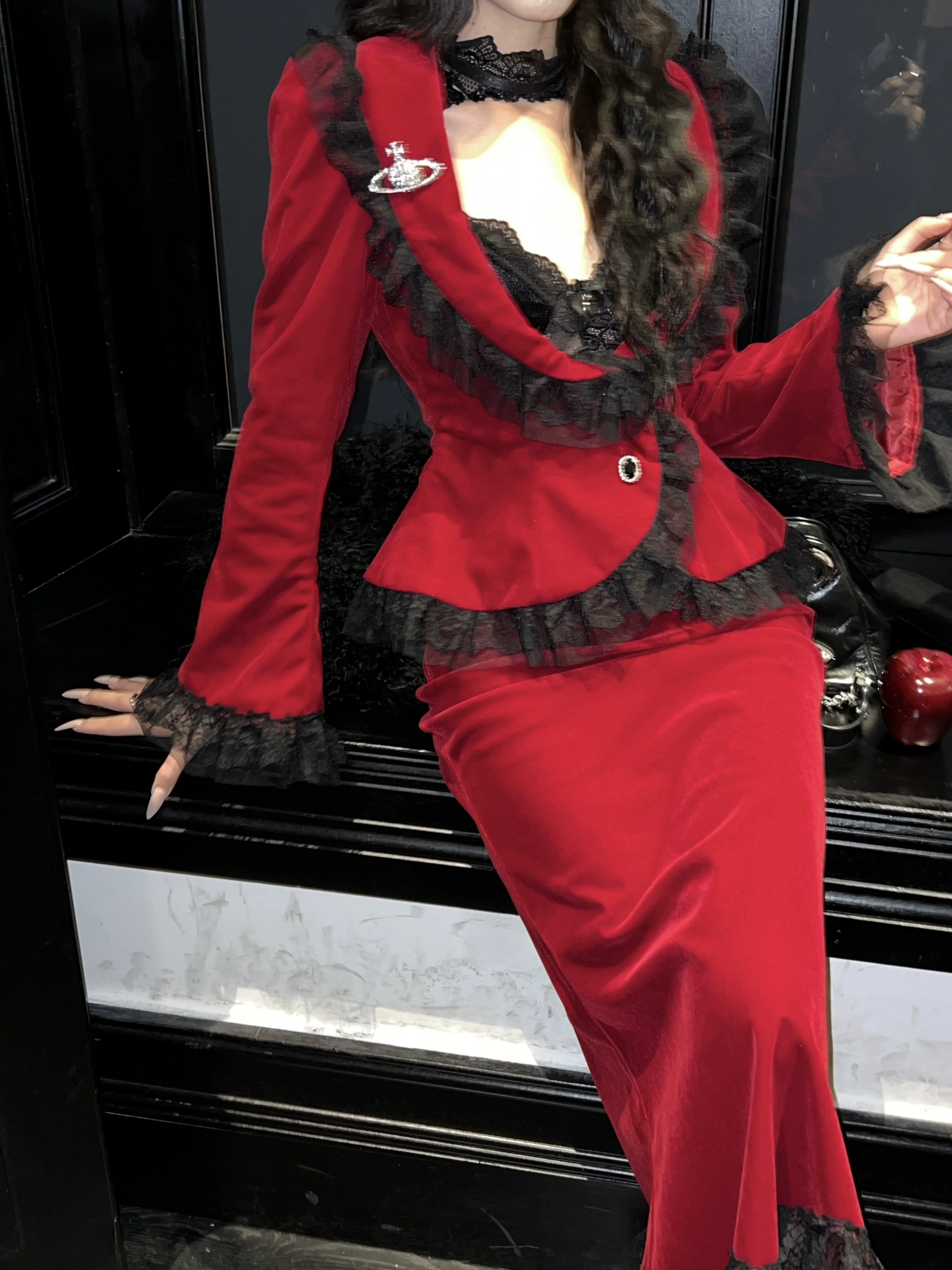 BLACKLIST - Poisonous Apple - Christmas Lolita Dress Bungundy Fishtail Skirt Set - Image 12