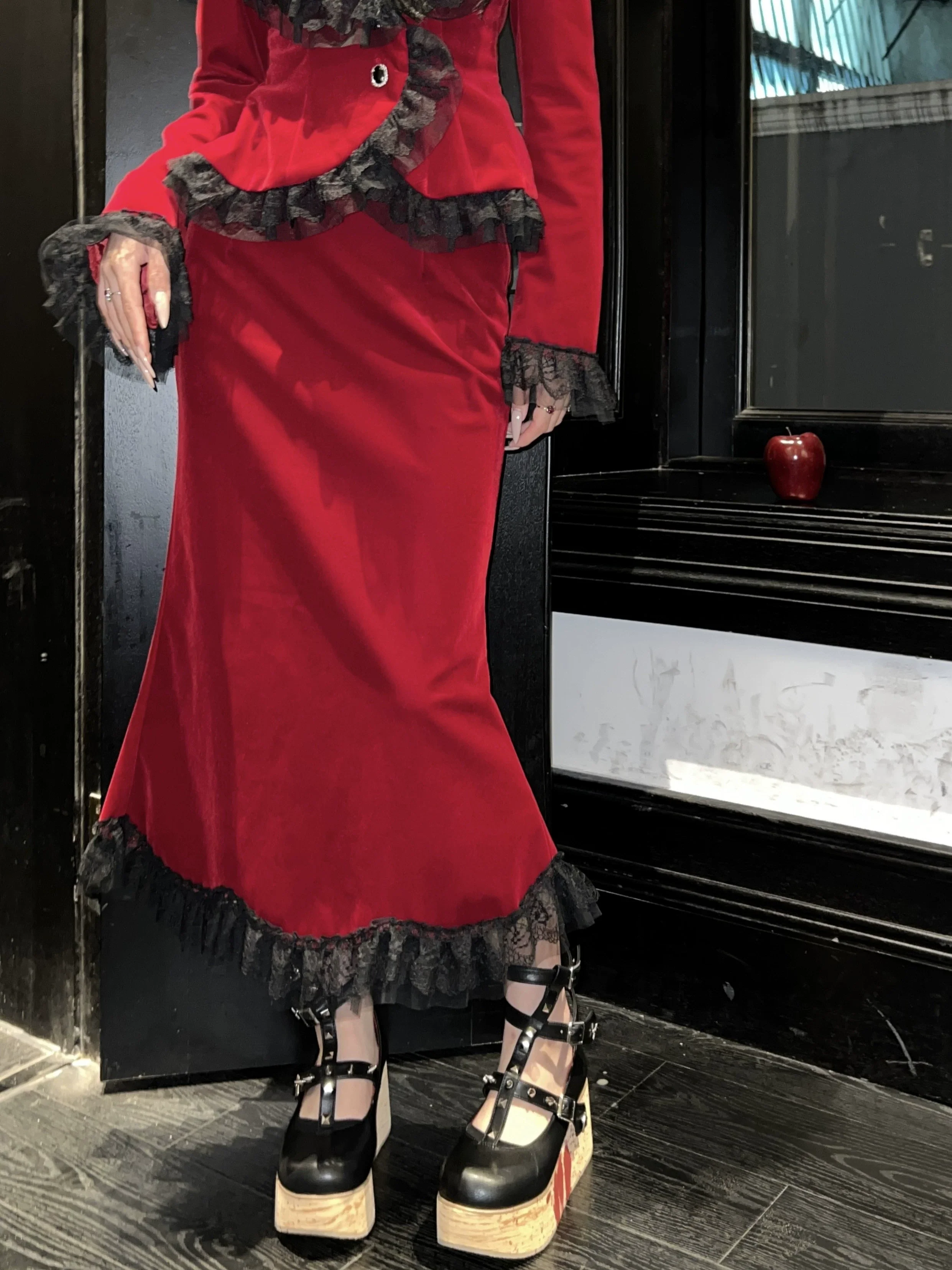 BLACKLIST - Poisonous Apple - Christmas Lolita Dress Bungundy Fishtail Skirt Set - Image 13