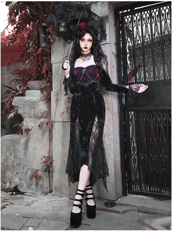 Blood Supply - Rose Cemetery - Dark Red Velvet Mermaid Gothic Lolita Dress - Image 11