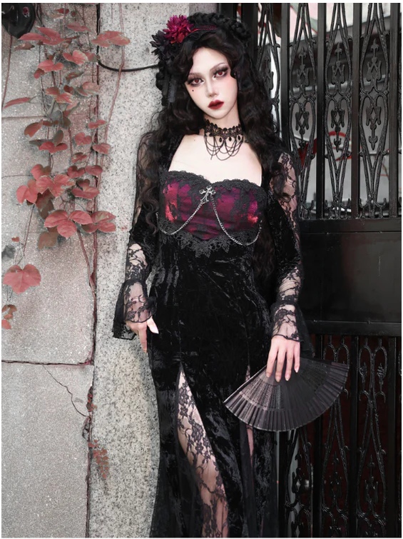 Blood Supply - Rose Cemetery - Dark Red Velvet Mermaid Gothic Lolita Dress - Image 13