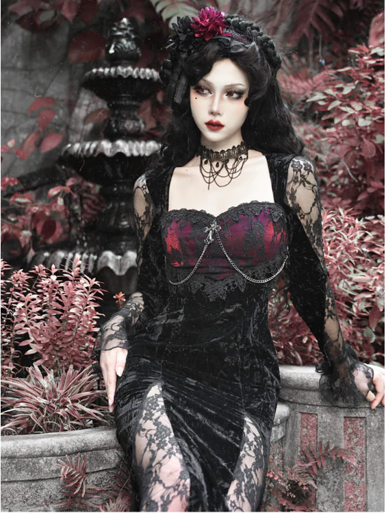 Blood Supply - Rose Cemetery - Dark Red Velvet Mermaid Gothic Lolita Dress - Image 15