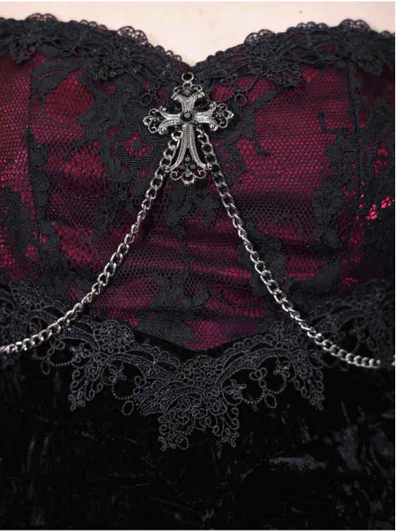 Blood Supply - Rose Cemetery - Dark Red Velvet Mermaid Gothic Lolita Dress - Image 17
