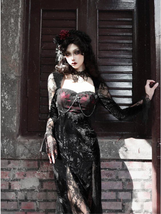 Blood Supply - Rose Cemetery - Dark Red Velvet Mermaid Gothic Lolita Dress - Image 18