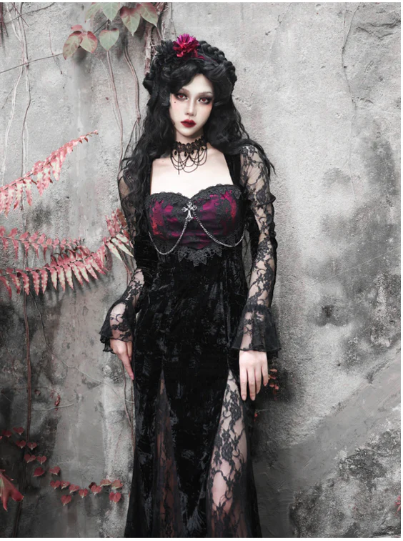 Blood Supply - Rose Cemetery - Dark Red Velvet Mermaid Gothic Lolita Dress - Image 20