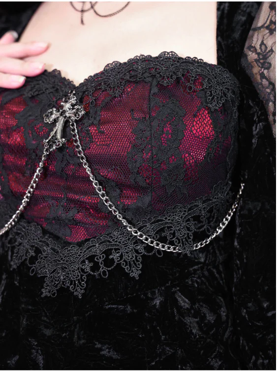 Blood Supply - Rose Cemetery - Dark Red Velvet Mermaid Gothic Lolita Dress - Image 21