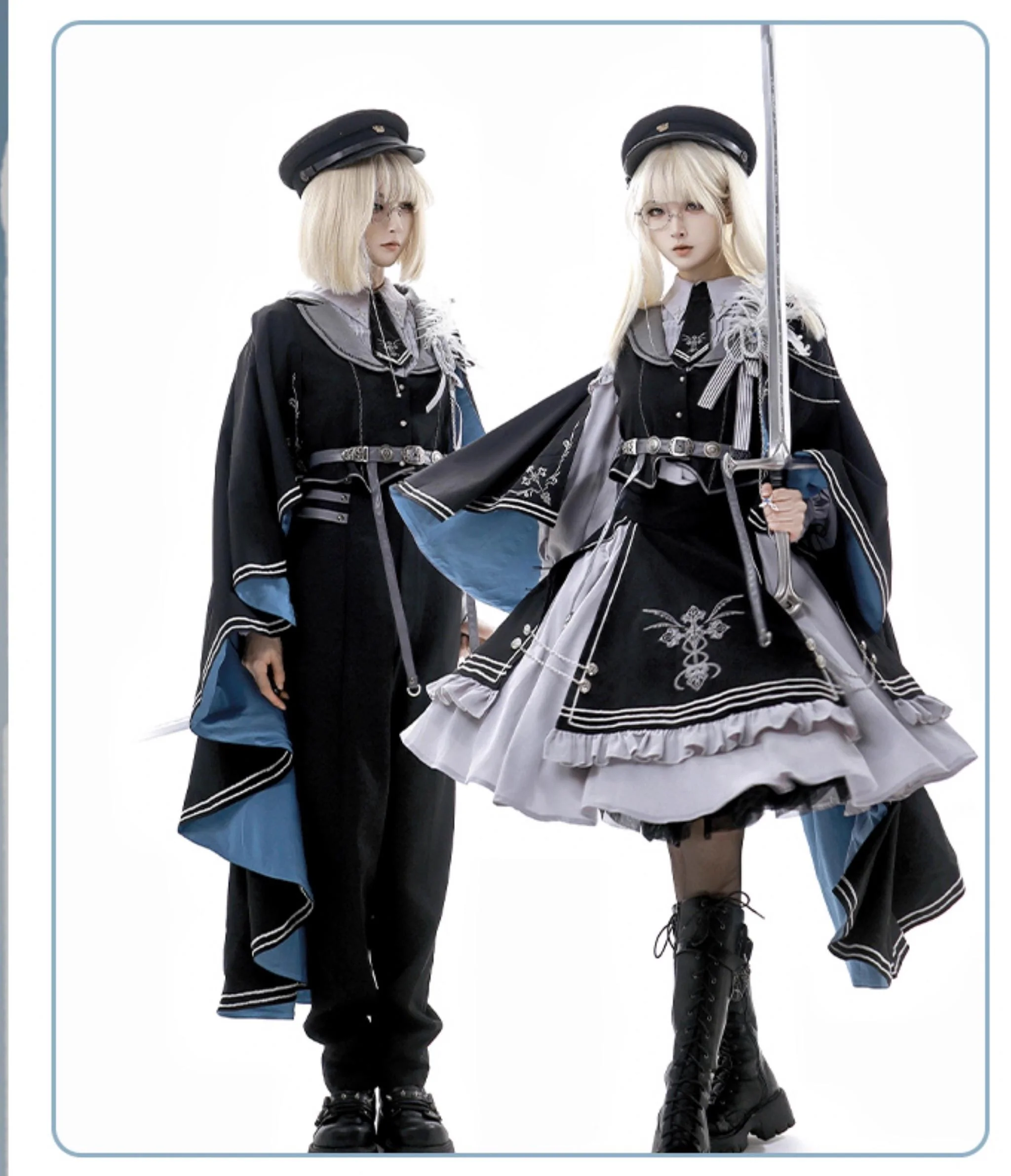Dark Night Contract - Blue Military Lolita Pants Long Cape Couple Suit - Image 19